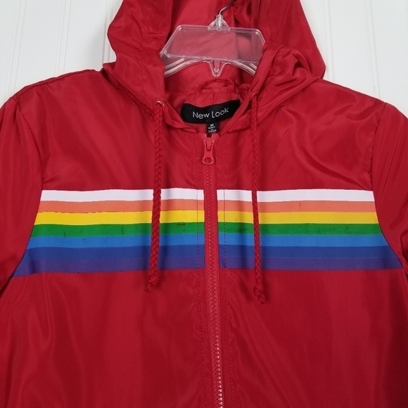 New Look Womens Red Rainbow Stripe Full Zip Jacket Hood Windbreaker Medium - Picture 5 of 12